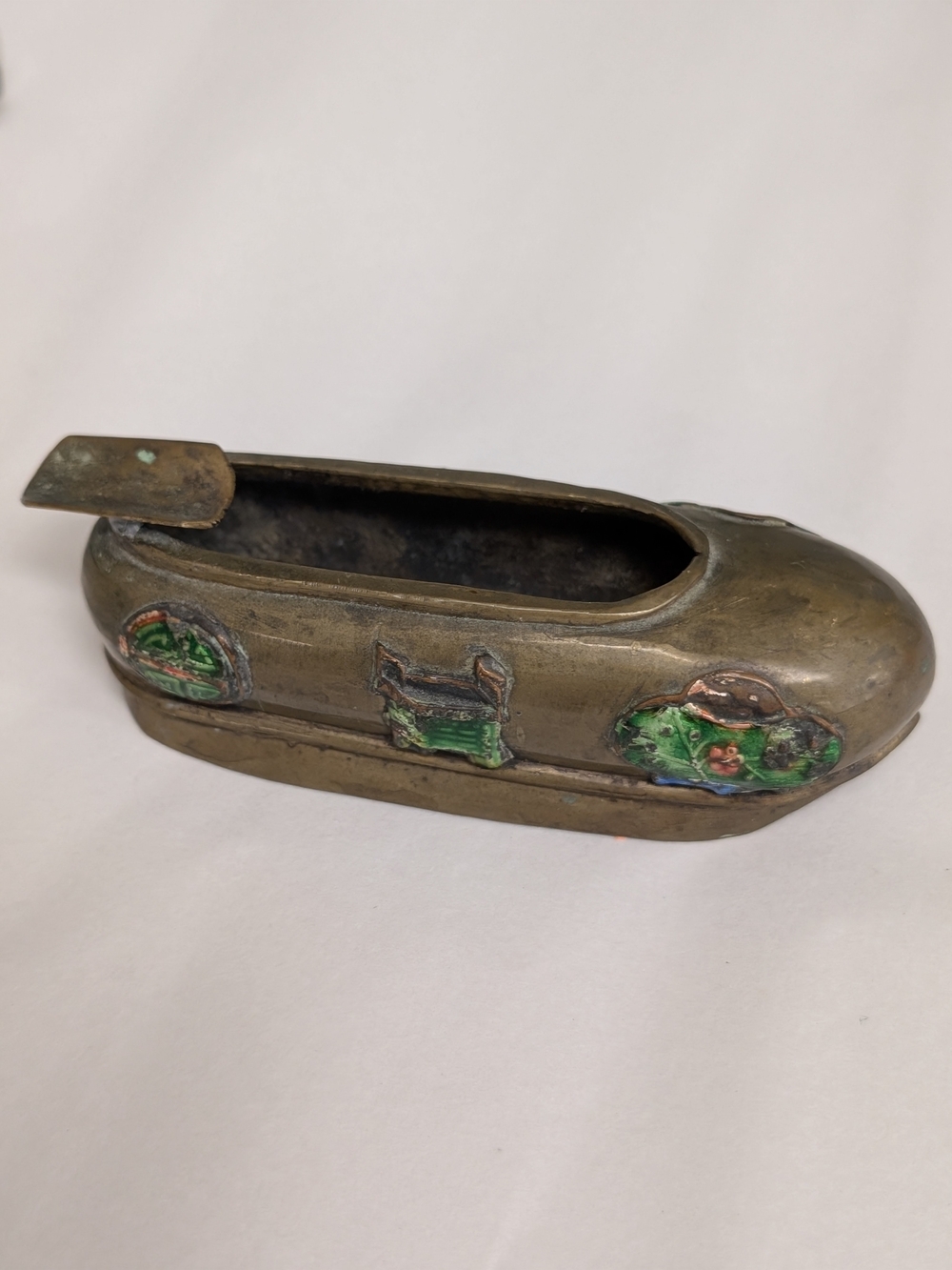 Brass Decorative Shoe Ashtray with Green Red And Blue Enamel Accents